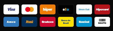 Formas de pagamento aceitas: Visa, Mastercard, Hiper, Elo, Diners Club, Hipercard, Amex, Itaú, Bradesco, Banco do Brasil, Banrisul e Boleto